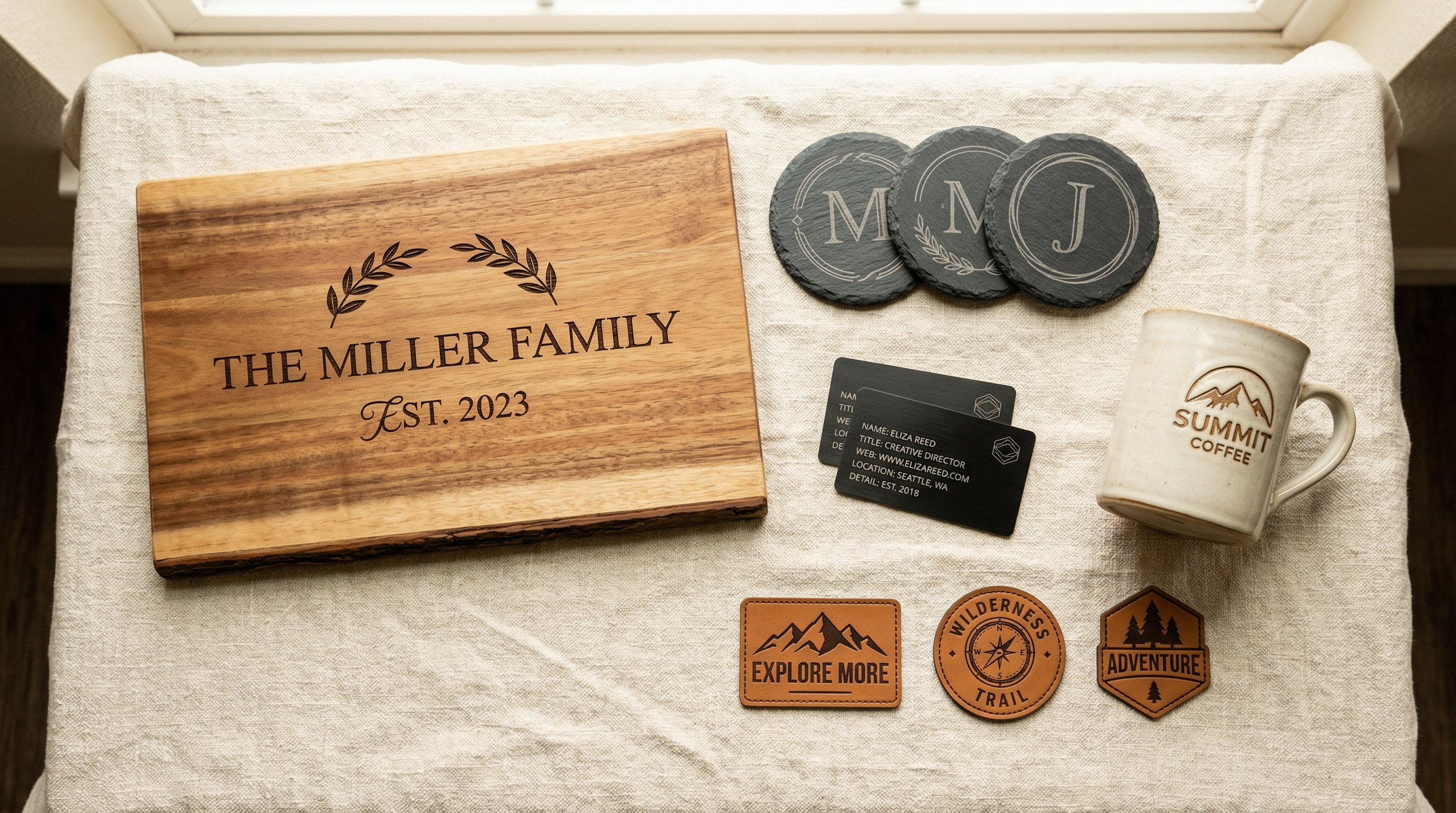 Range of custom engraved products — boards, coasters, business cards, mugs, and patches