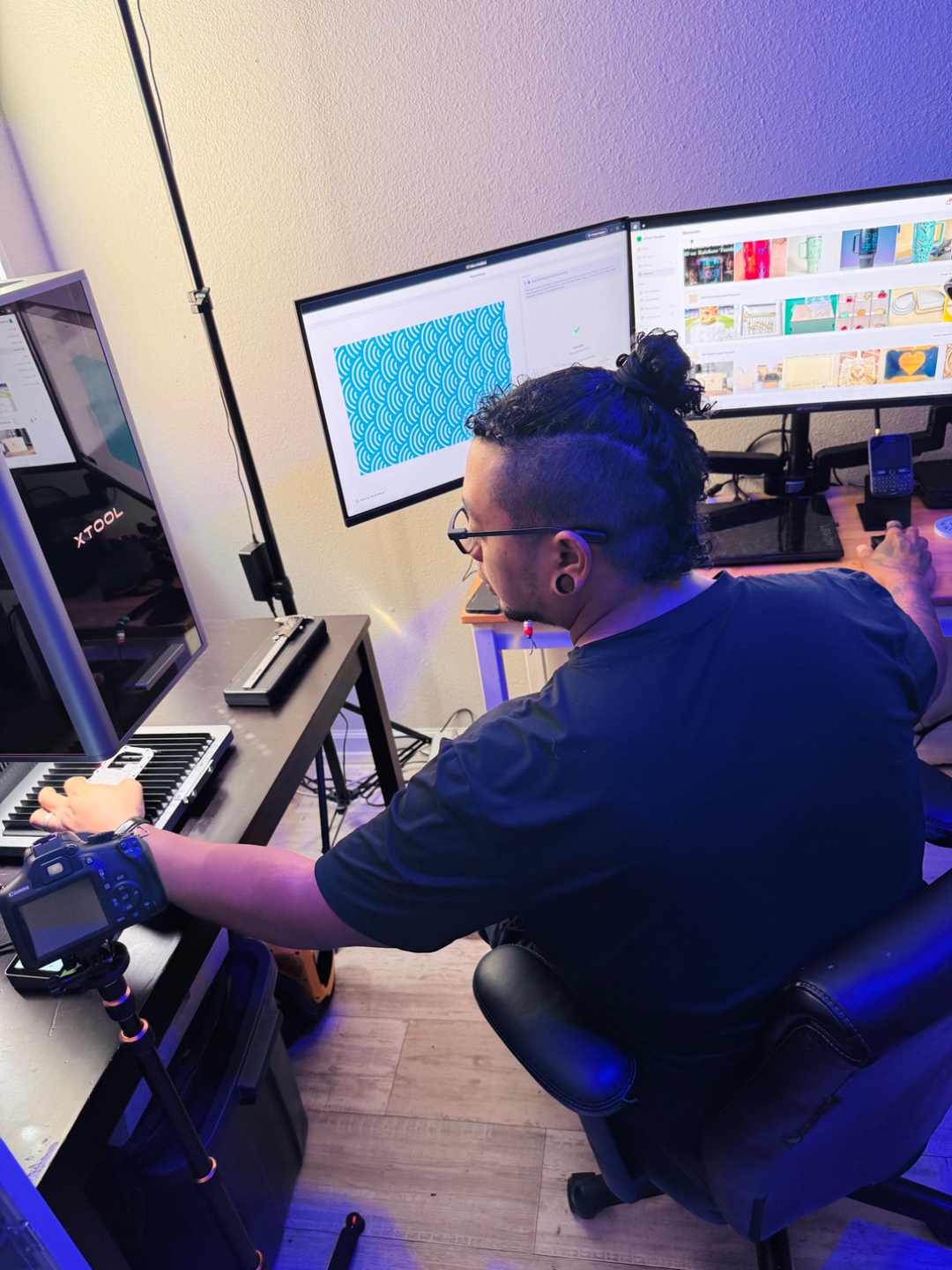 Dual monitor design studio setup at night — DeAngelo at work