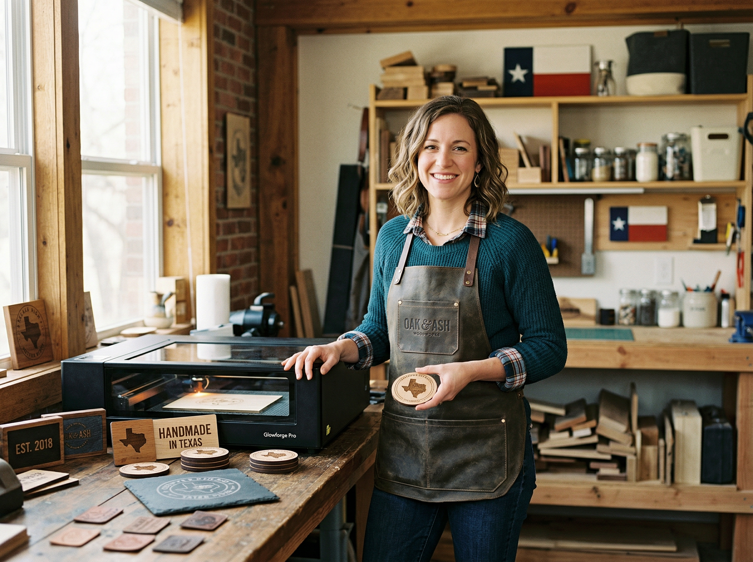 The Formed and Finish workshop — laser engraving workspace in Victoria, Texas