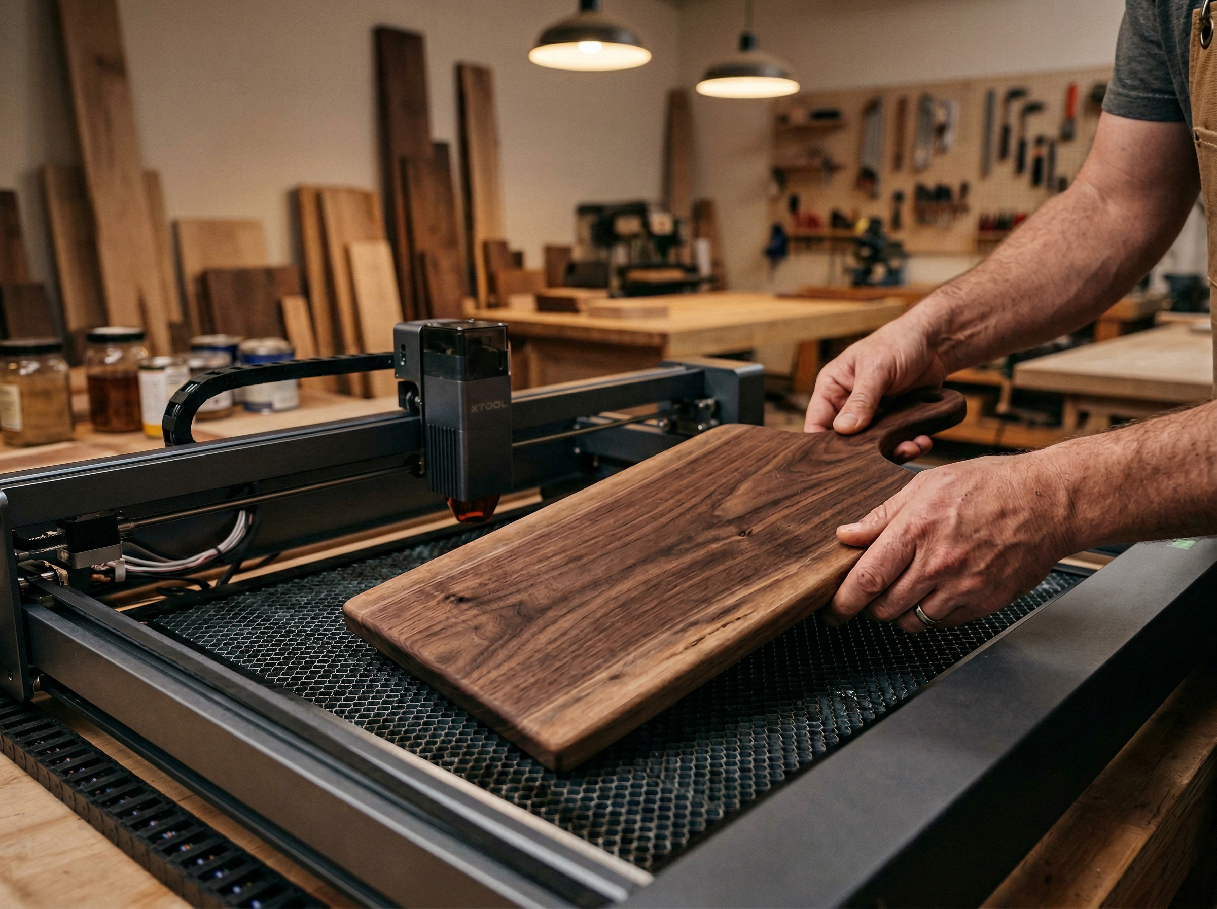 Placing a walnut board into the xTool laser engraver