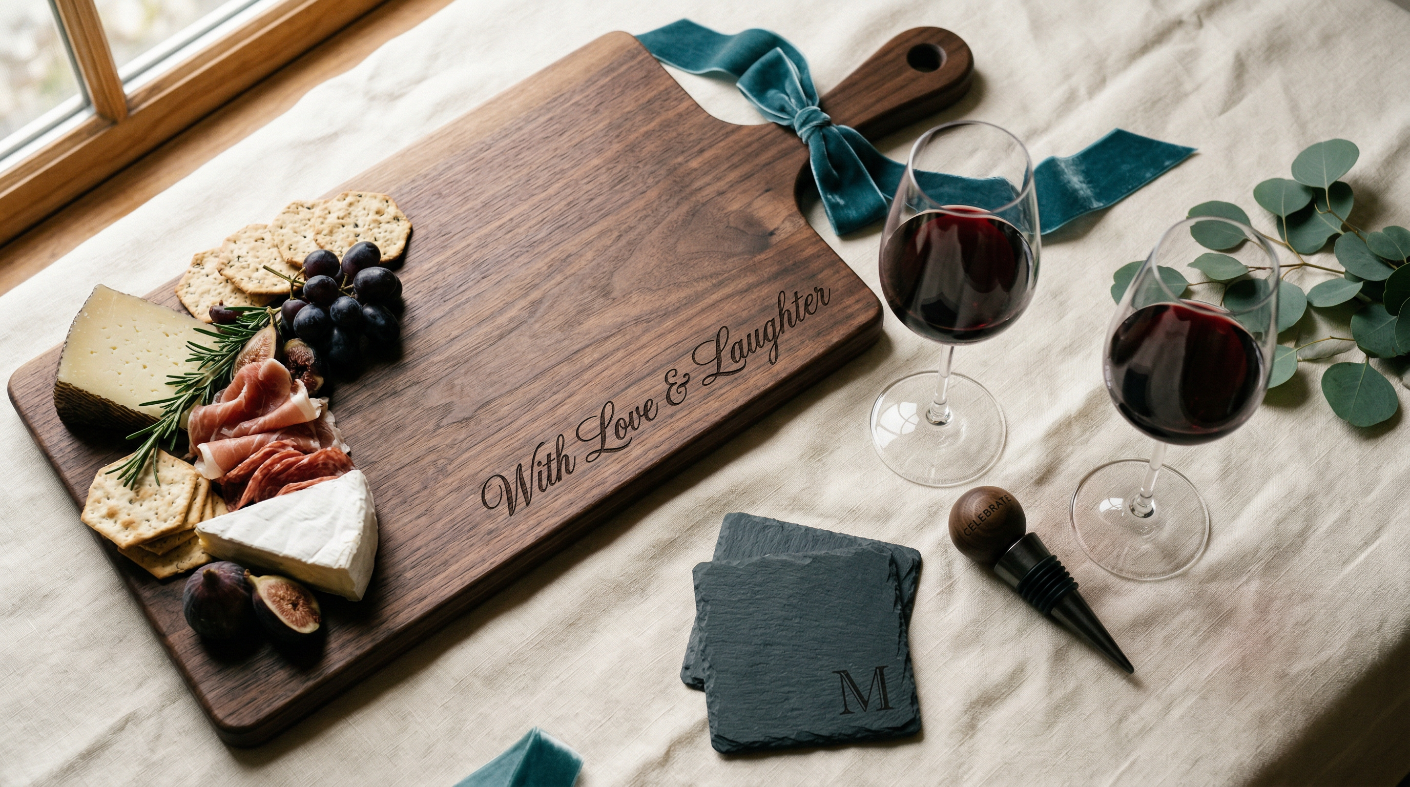 Premium engraved products from Formed and Finish — charcuterie board, slate coasters, wine glasses, and metal business cards