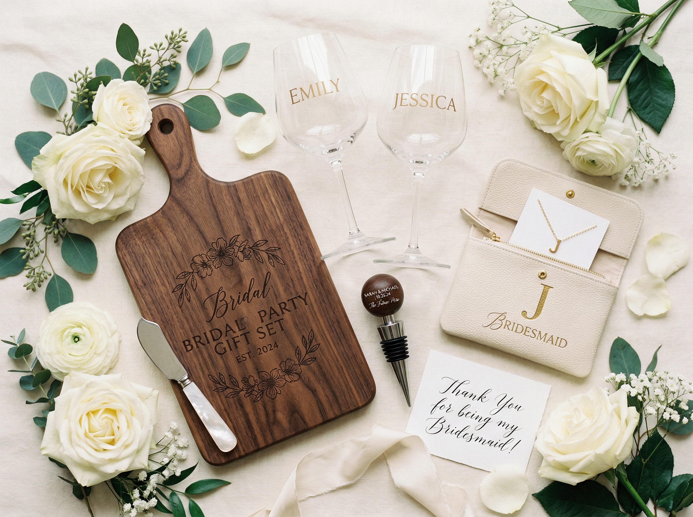 Bridal party gift set with engraved charcuterie board and personalized wine glasses