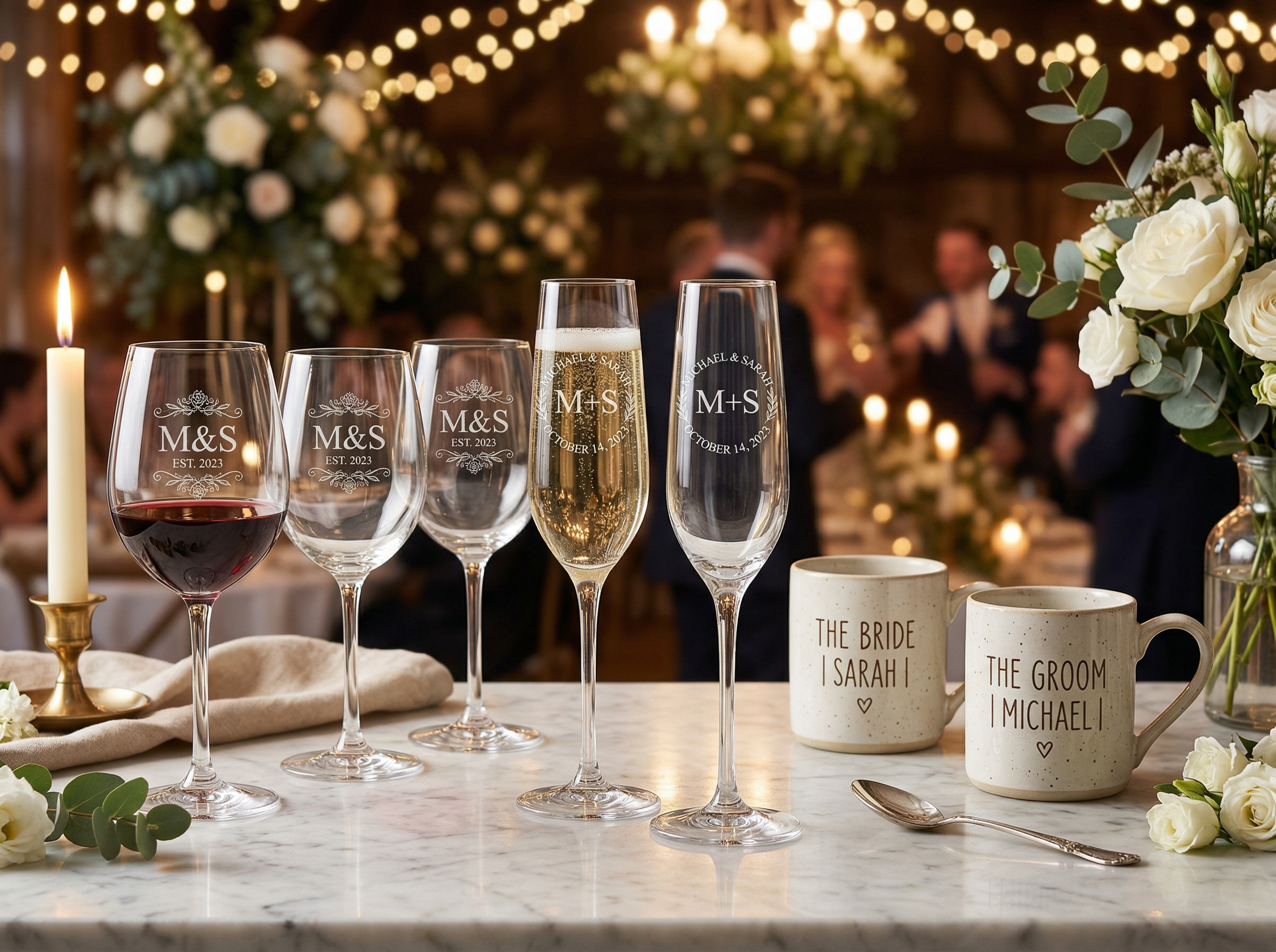 Engraved wine glasses and champagne flutes for wedding reception