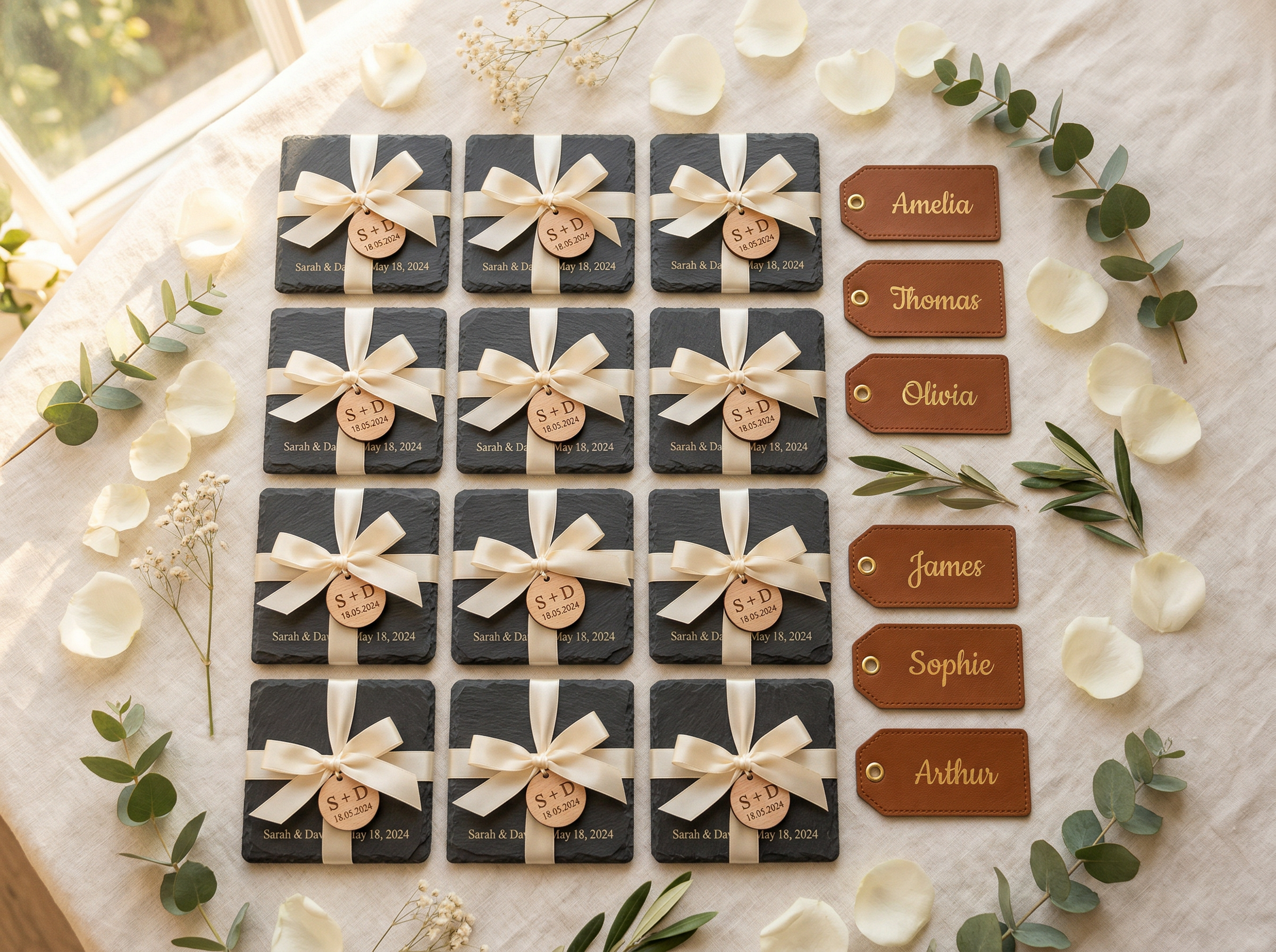 Custom engraved slate coasters with cream ribbon as wedding favors