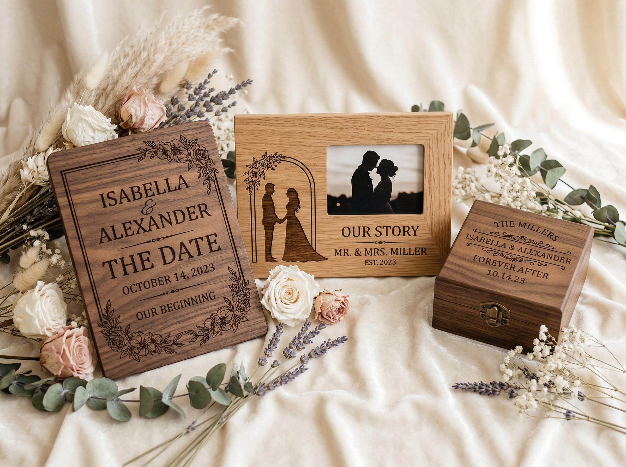 Custom engraved wooden wedding date plaque, photo frame and keepsake box