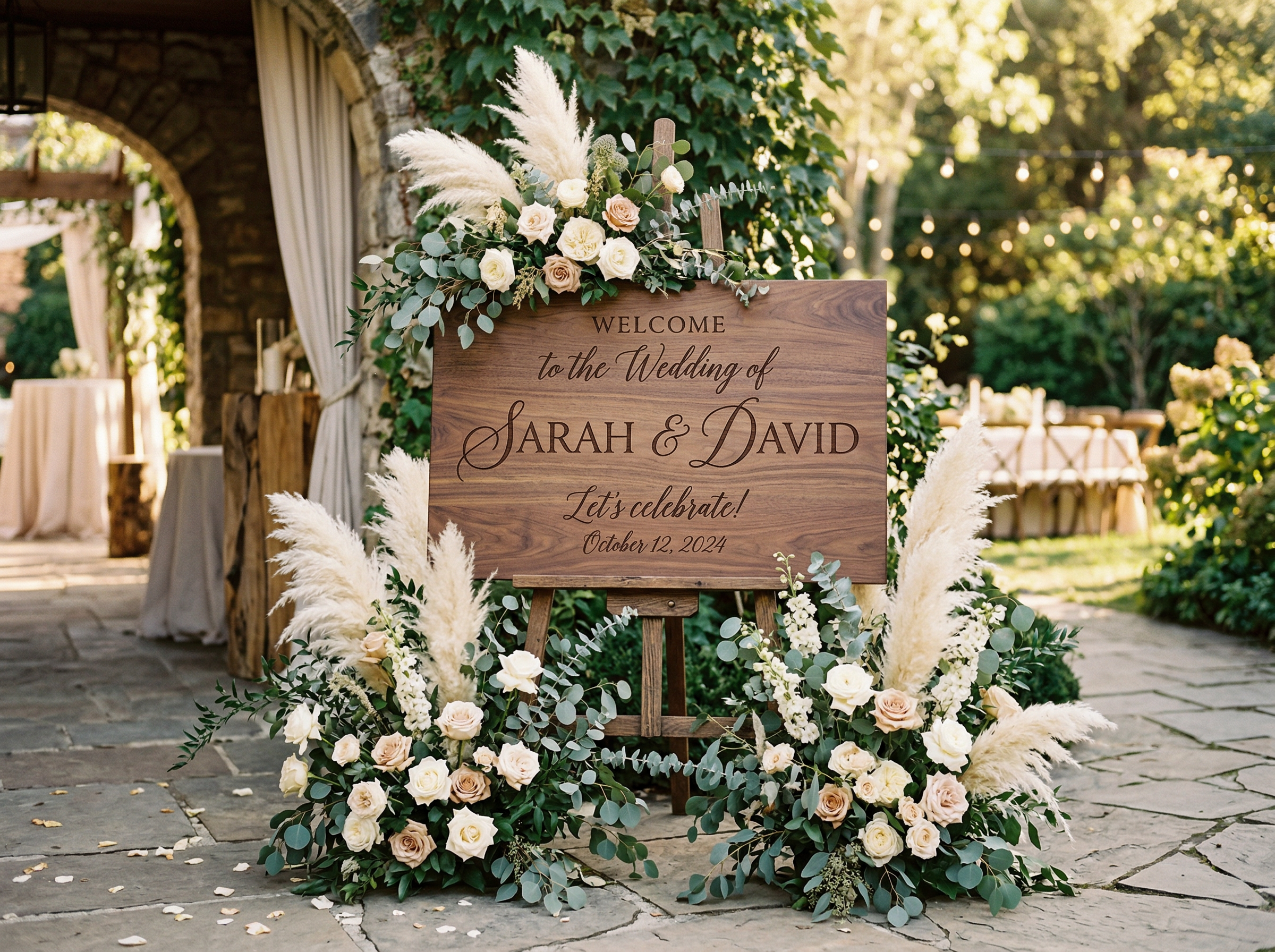 Custom engraved walnut welcome sign at outdoor wedding venue