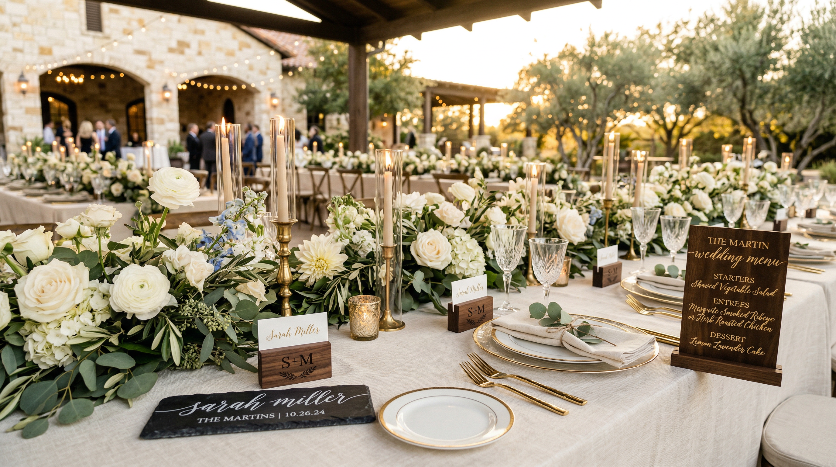 Luxury wedding tablescape with custom engraved place settings