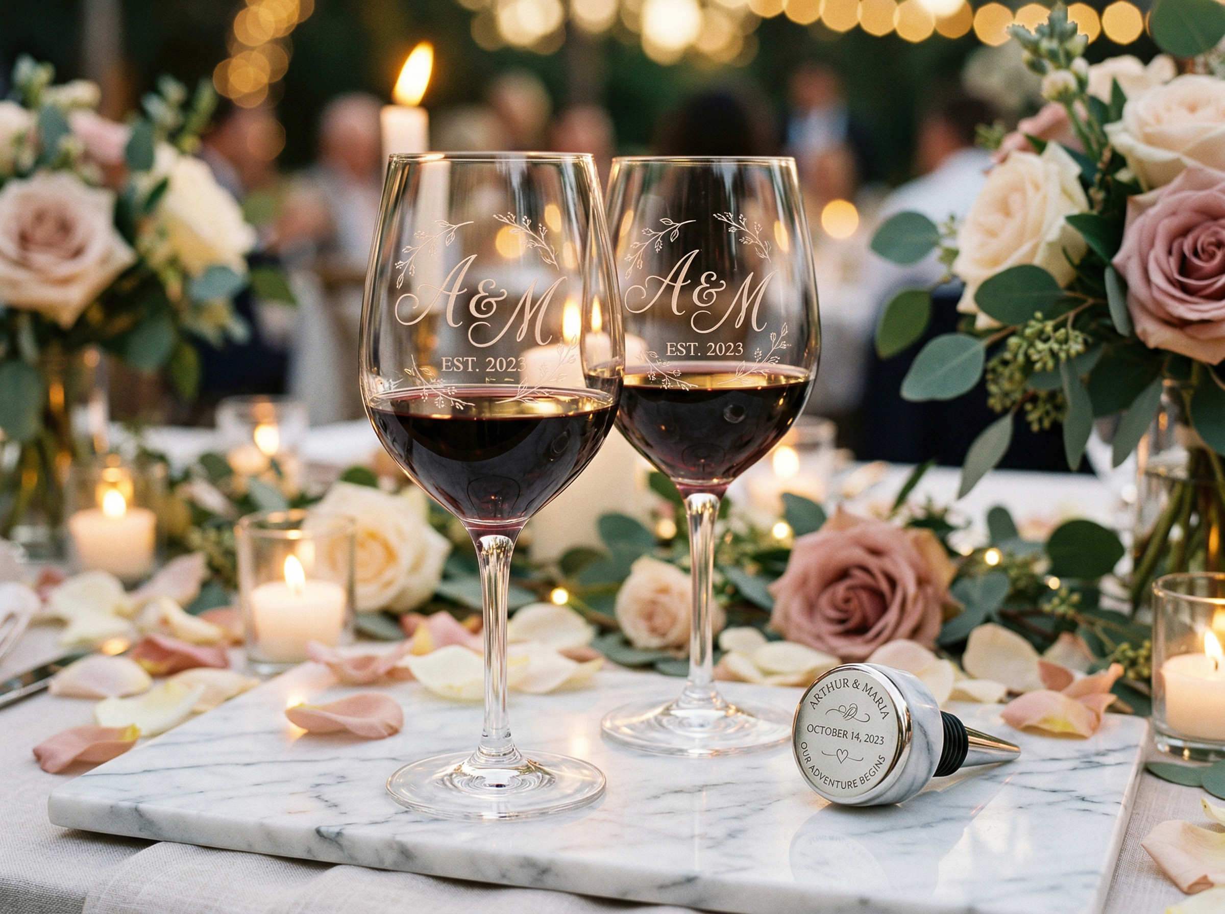 Engraved monogram wine glasses at romantic candlelit reception